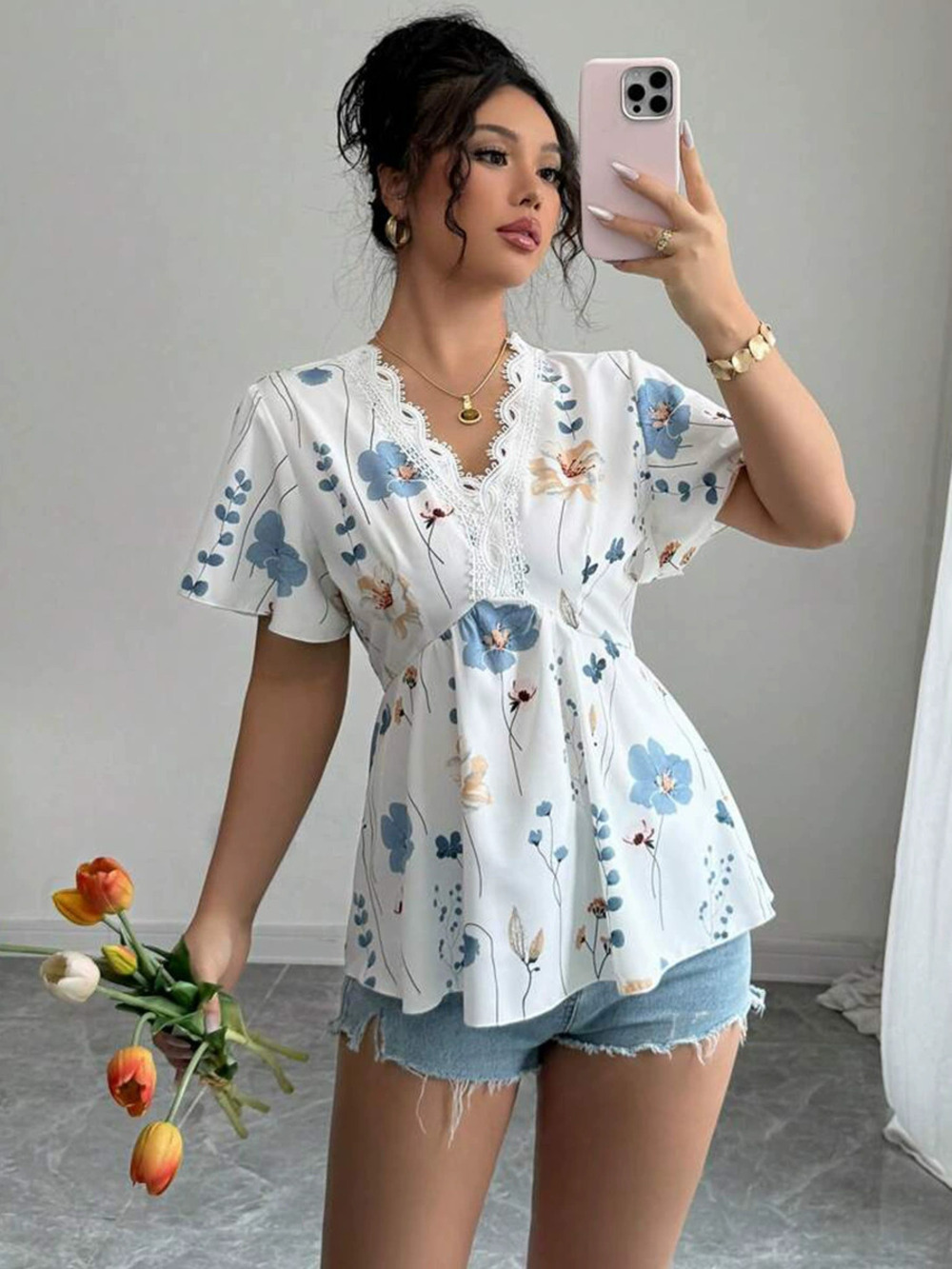 ZARA Summer Vacation Style Short Sleeve Lace Collar Womens Floral Pullover Top